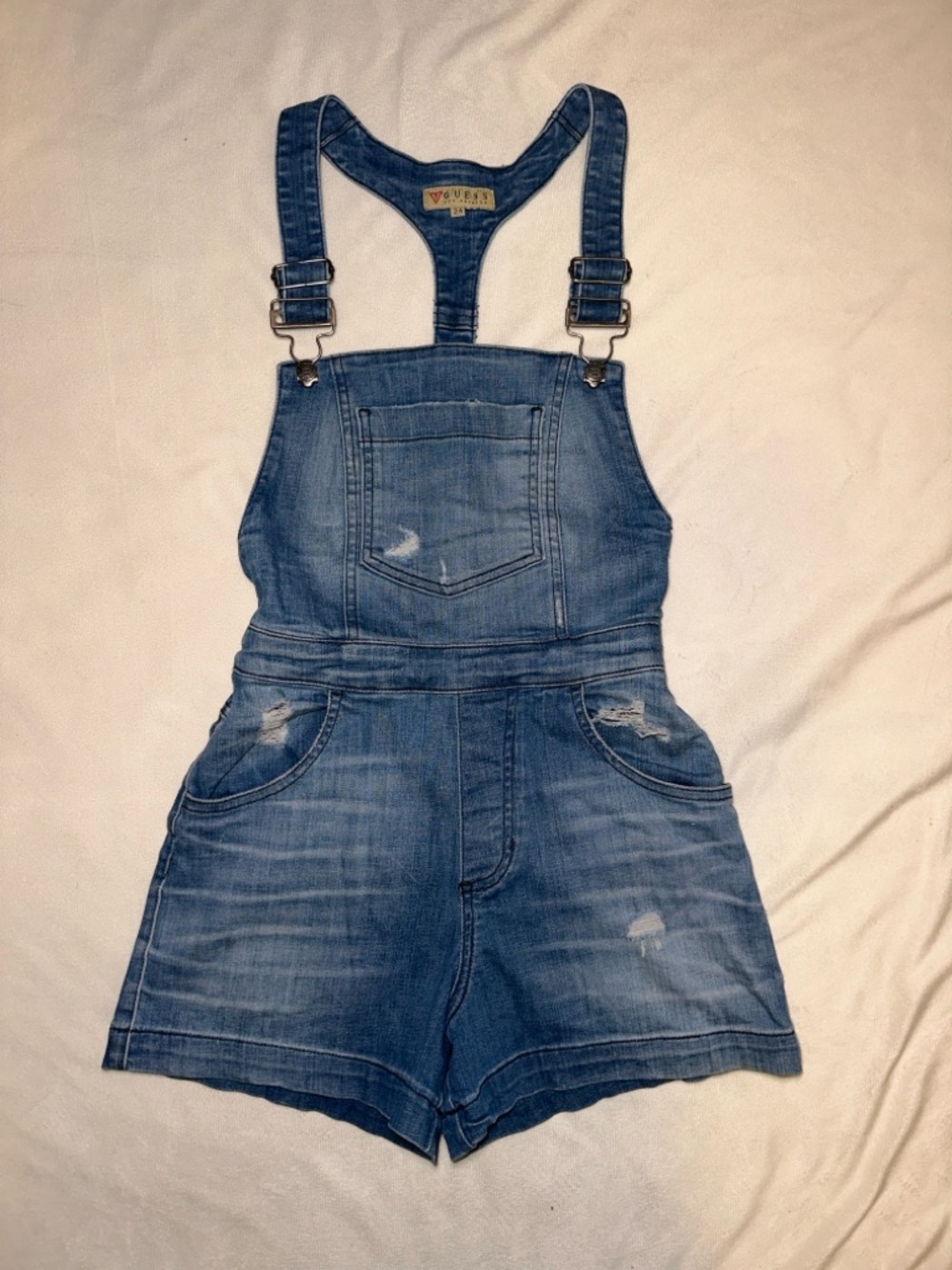 Guess Distressed Blue Denim Short Overalls Size 24